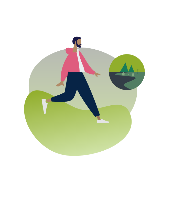 An illustration of a man walking through a windfarm
